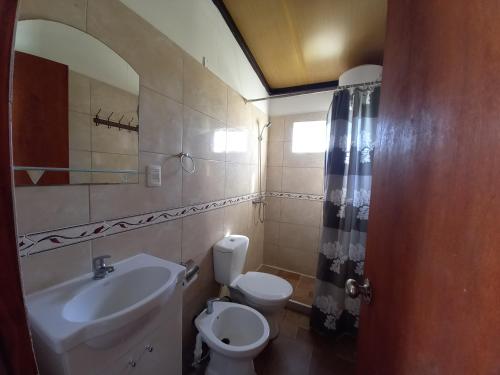 een badkamer met een wastafel, een toilet en een spiegel bij Posada del Pio, Granja in Termas del Daymán