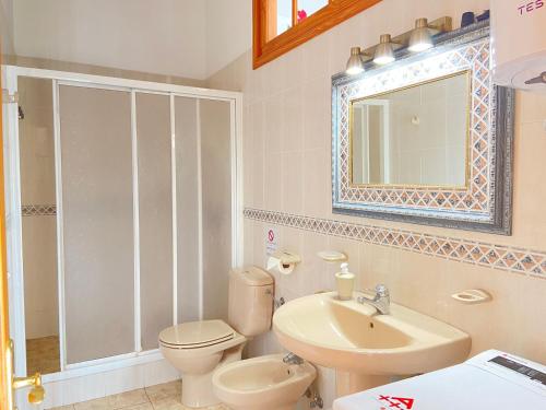 a bathroom with a toilet and a sink and a mirror at Chalet con terraza soleada in Abades