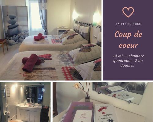 een collage van foto's van een kamer met twee bedden bij Logis des Lauriers Roses in Marennes
