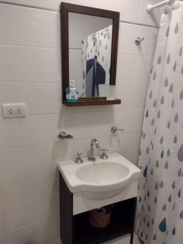 y baño con lavabo, espejo y cortina de ducha. en Apartamento Costa del Sol en Mar del Plata