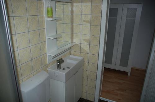 ein Bad mit einem Waschbecken und einem Spiegel in der Unterkunft Haus Garten am Meer in Grömitz