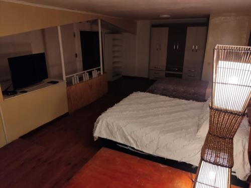 a bedroom with a bed and a flat screen tv at apartamento gamboni in Iquique
