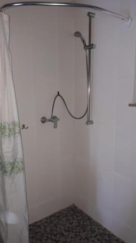 a shower in a white room with a shower curtain at Bauernhof Gästezimmer Hortus Sandrine Gemeinschaftsbad in Hausbreitenbach