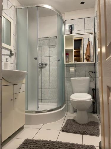 uma casa de banho com um chuveiro, um WC e um lavatório. em Sielska Chata em Czarna