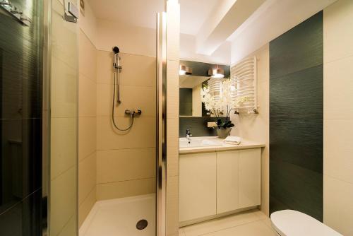 een badkamer met douche en wastafel bij Apartamenty EverySky - Prusa 2a-22 in Karpacz