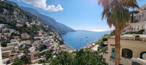 a view of the amalfi coast with a palm tree at Casa Hellen Positano center in Positano