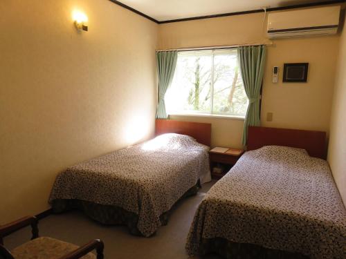 a hotel room with two beds and a window at Pension Labrador in Karuizawa