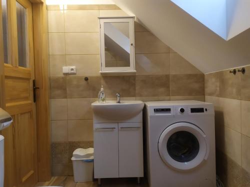 a bathroom with a washing machine and a sink at Apartmán Poštolka in Branná