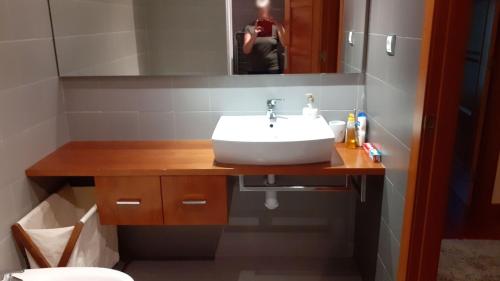 een badkamer met een wastafel en een persoon die een foto neemt bij Apartamento Kerkus Alba in Villanúa