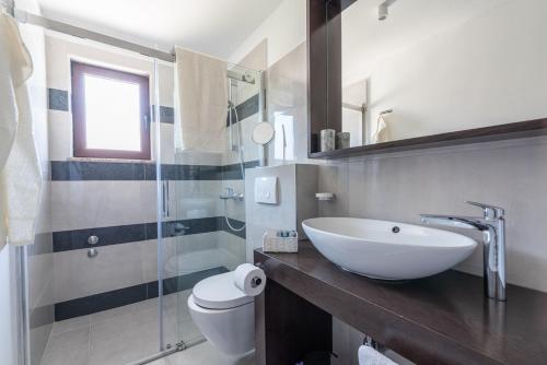 a bathroom with a sink and a glass shower at Villa Artiana in Rovinjsko Selo