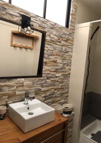 une salle de bain avec un lavabo et un miroir dans l'établissement Maison Dany, à Salles-sur-Mer