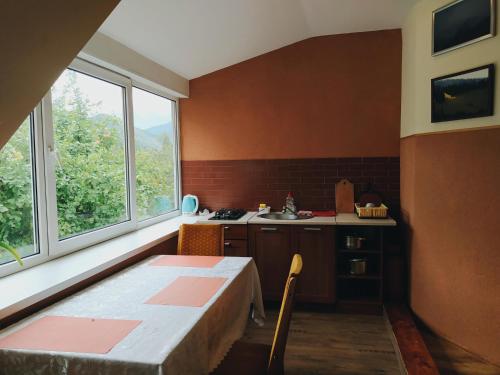 a kitchen with a table and two windows at Sadyba Vyshenka in Tatariv