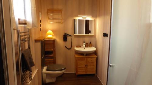 a small bathroom with a sink and a toilet at Les Pucines bis Bas de villa 29 m2 luxe rez de jardin climatisation plein sud in Six-Fours-les-Plages