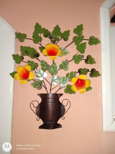 a plant in a black vase on a wall at Pousada Oca Porã in Conservatória