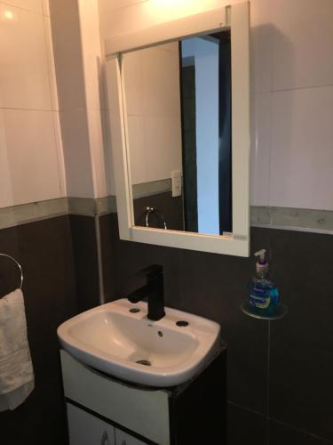 ein Badezimmer mit einem weißen Waschbecken und einem Spiegel in der Unterkunft Departamento Mendoza Ciudad Capital in Mendoza