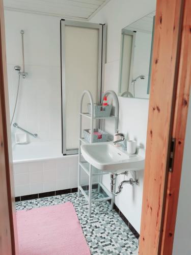 a bathroom with a sink and a mirror at Ferienwohnung Rieger 1 in Braunlage