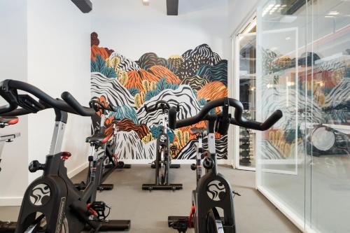 a gym with bikes in a room with a mural at Placemakr Wall Street in New York