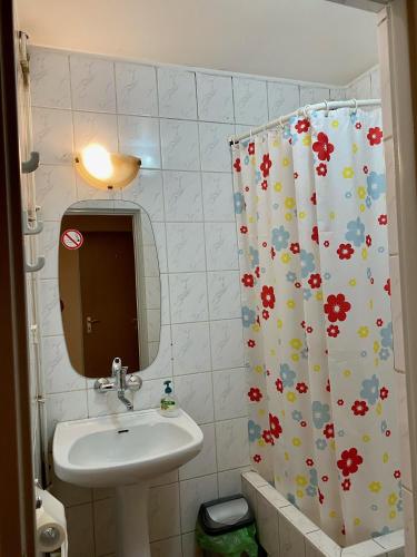 a bathroom with a sink and a shower curtain at Hotelik Gościnny in Radzyń Podlaski