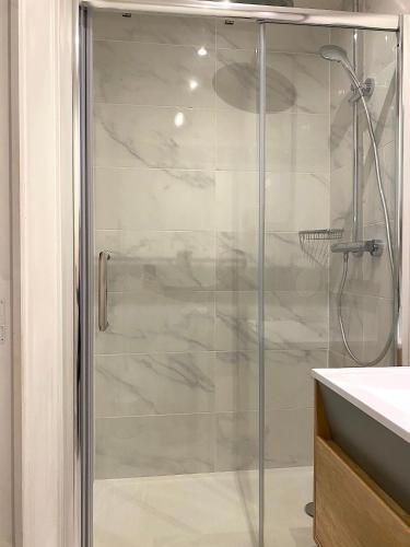 une douche avec une porte vitrée dans une salle de bain dans l'établissement My Trip in Paris - Martin, à Paris
