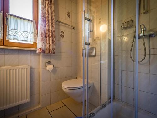a bathroom with a toilet and a shower at Hotel- Pension Oechsner in Bad Reichenhall