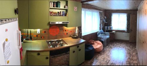 uma cozinha com armários verdes e um lavatório em Ferienwohnung im Chalet Boubou em Wiler