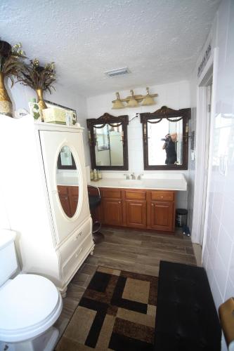 a bathroom with a toilet and a sink and a mirror at Beautiful large bedroom in Orlando