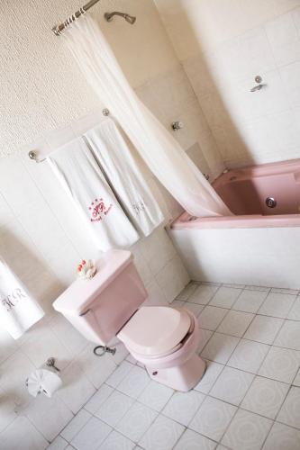a bathroom with a pink toilet and a bath tub at HOTEL ROMO in Ciudad Hidalgo
