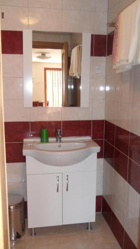 a bathroom with a white sink and a mirror at Apartman Vilo in Veľký Meder