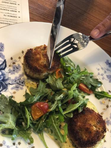 a plate of food with a fork and knife at Hotel Deco in Omaha
