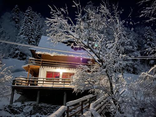 a cabin in the snow at night at Cabana Cota 1000 Arieseni in Arieşeni