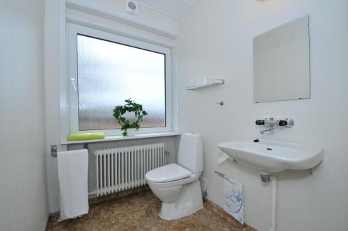 bagno con servizi igienici, lavandino e finestra di Thyregod Kursuscenter a Thyregod
