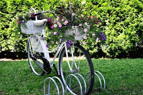 a bike with flowers in a basket on the grass at Apartments Poklukar in Bled