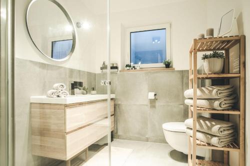 a bathroom with a sink and a toilet and a mirror at Oskar Apartments in Neustift im Stubaital
