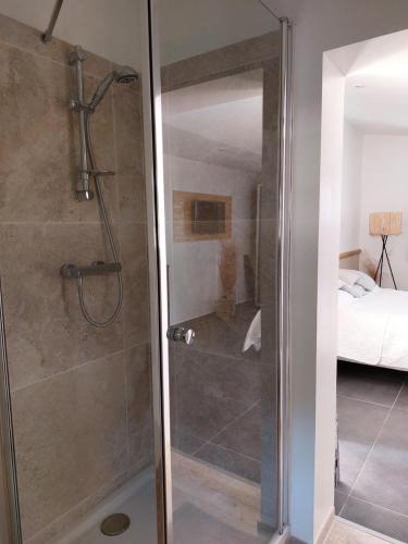 a shower with a glass door in a bedroom at La Micocoule in La Barben