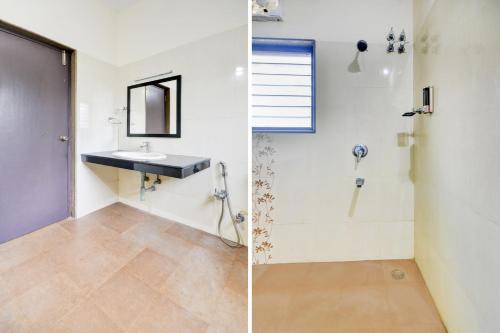 two pictures of a bathroom with a sink and a shower at Mayfair Service Apartments in Pīlamedu