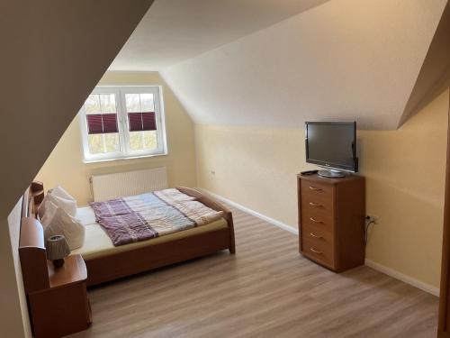 a bedroom with a bed and a television on a dresser at Familienapartment Neubukow in Neubukow