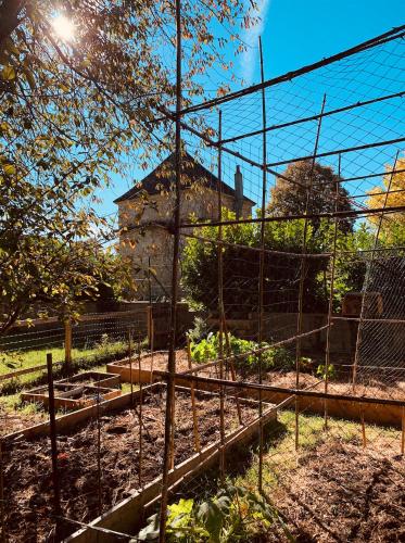 a garden with a fence in front of a building at Pool house-L'hirondelle de Sermizelles- grand jardin, calme et nature aux portes du Morvan in Sermizelles