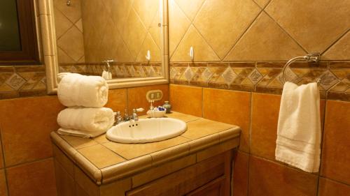 a bathroom with a sink and a mirror at Castillo San Carlos Lomas de Cocoyoc con Cancha de Padel 16Huespedes in Cocoyoc