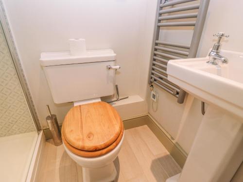 a bathroom with a toilet with a wooden seat and a sink at Bridge Studio in Broad Chalke