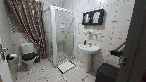 a bathroom with a shower and a toilet and a sink at Gemstone Guest House in Klerksdorp