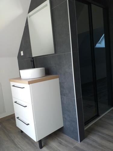 bagno con specchio e mobile con lavabo bianco. di La belle grange a Saint-Étienne-au-Mont