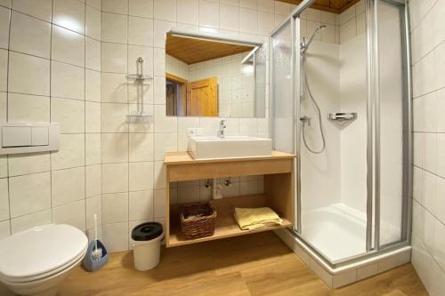 a bathroom with a sink and a shower and a toilet at Apartment in Filzmoos with a balcony in Filzmoos