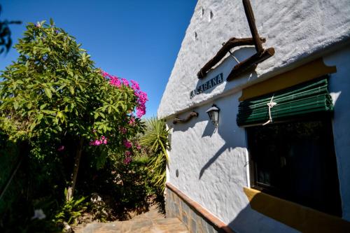 budynek z oknem i krzakiem z różowymi kwiatami w obiekcie Tu Villa Rural Cabaña 2 Dormitorios w mieście Alhaurín el Grande