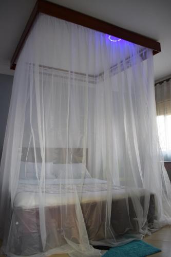 a bedroom with a bed with a mosquito net at The Adrace Exec. Hotel in Kampala