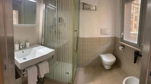 y baño con ducha, lavabo y aseo. en Villa Apartment (Box Privato), en Foggia