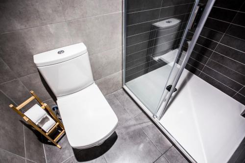 a bathroom with a toilet and a glass shower at Marina Rooms in Madrid