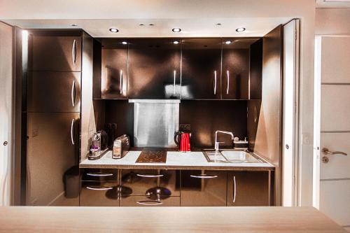 a kitchen with brown cabinets and a sink at Les Echappées Belles - Studio du phare in Biarritz