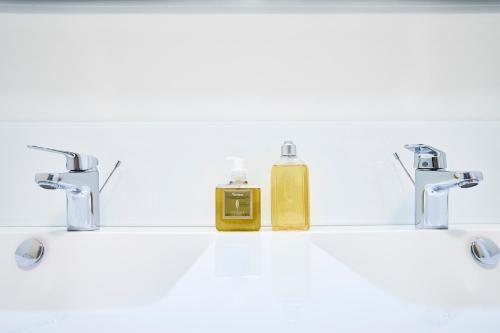 a bathroom sink with a bottle of soap and two faucets at Diamant 1BR in Brussels