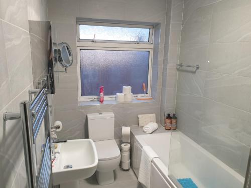 a bathroom with a toilet and a sink and a window at Chester Le Street Amythyst 3 Bedroom House in Chester-le-Street