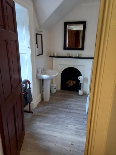 a bathroom with a fireplace and a sink and a mirror at The Tushielaw Inn in Selkirk